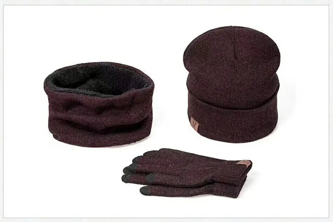 dark brown knitted winter set including beanie scarf with fleece lining and matching gloves designed for warmth and comfort