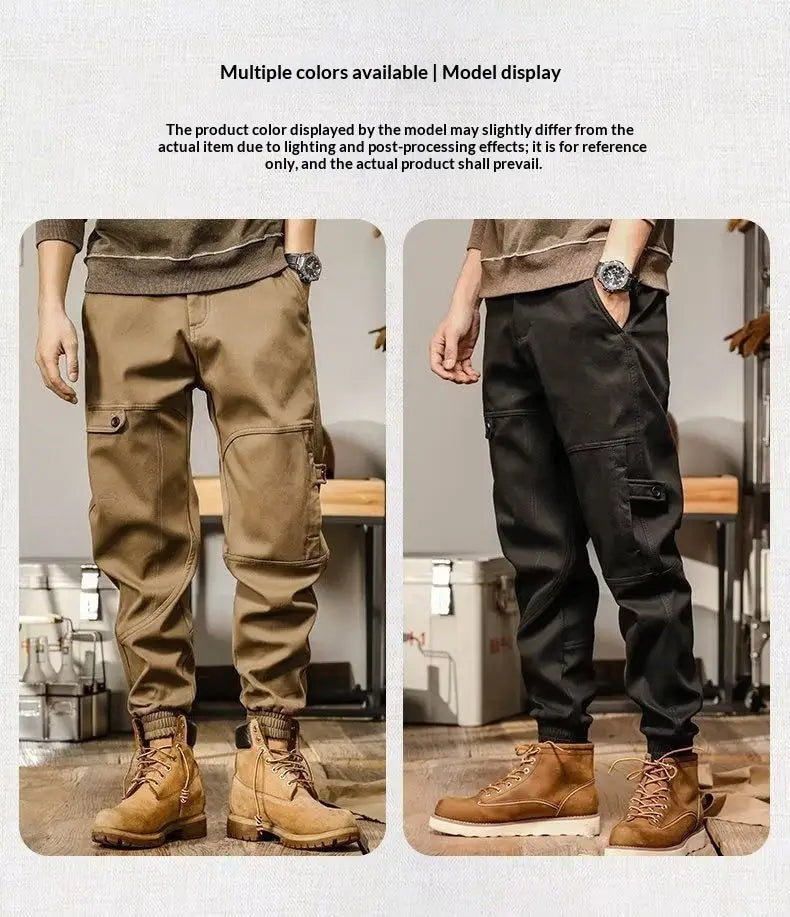 Pantalons cargo pour hommes à coupe ample, style décontracté et vêtement de travail, en kaki et en noir, avec plusieurs poches, des poignets élastiques et une finition de tissu durable.
