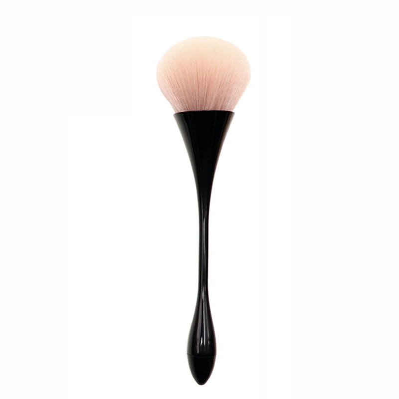 Professional makeup brush with a black tapered glossy handle and soft peach-colored bristles forming a rounded dome shape for flawless powder application.