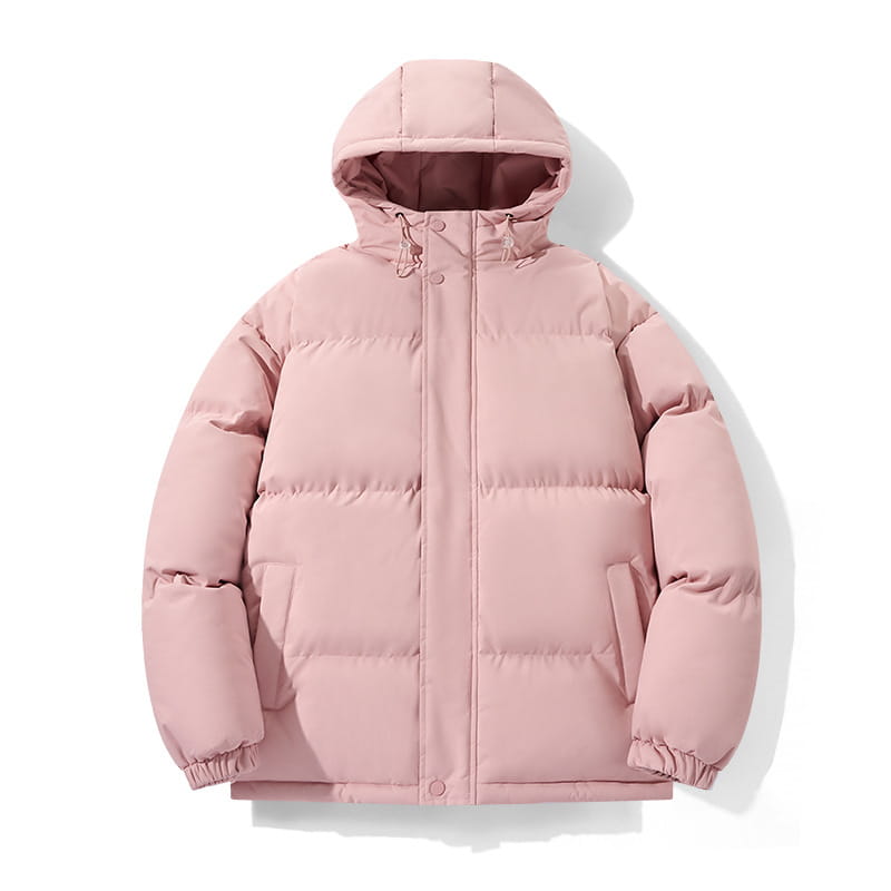 Chaqueta acolchada con capucha para mujer en color rosa suave con capucha, paneles acolchados y puños elásticos.