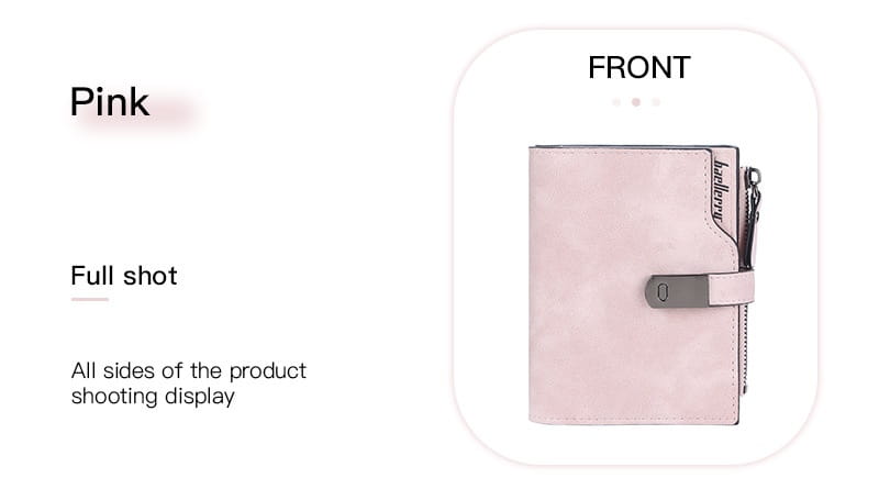 Pink leather women’s short faux leather multi slot wallet with a silver toned clasp and zipper pull