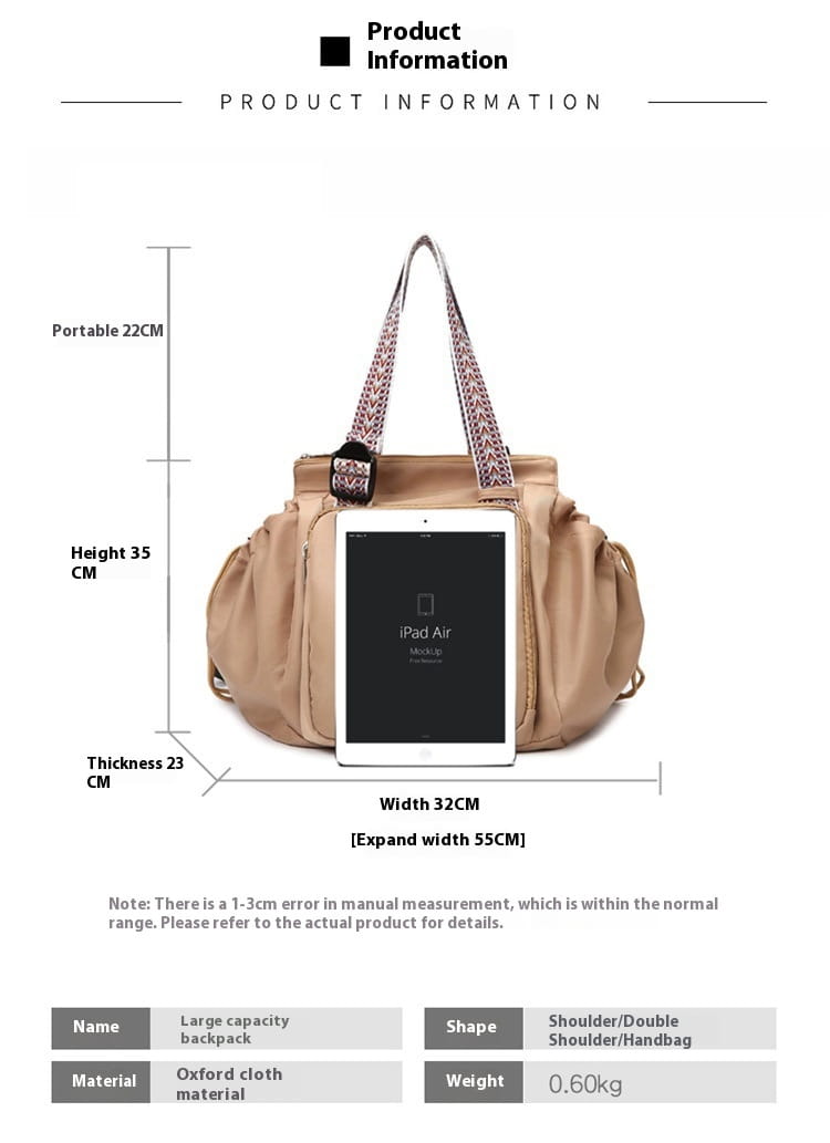 Beige oxford cloth multifunctional waterproof nylon fashion tote and backpack with large capacity, patterned straps, and a tablet displayed inside.