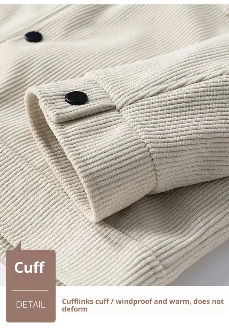Beige Cord-Jackenärmelbündchen mit schwarzen Knöpfen an einer Herren-Cord-Arbeitsjacke mit lockerer, lässiger Reverspartie.