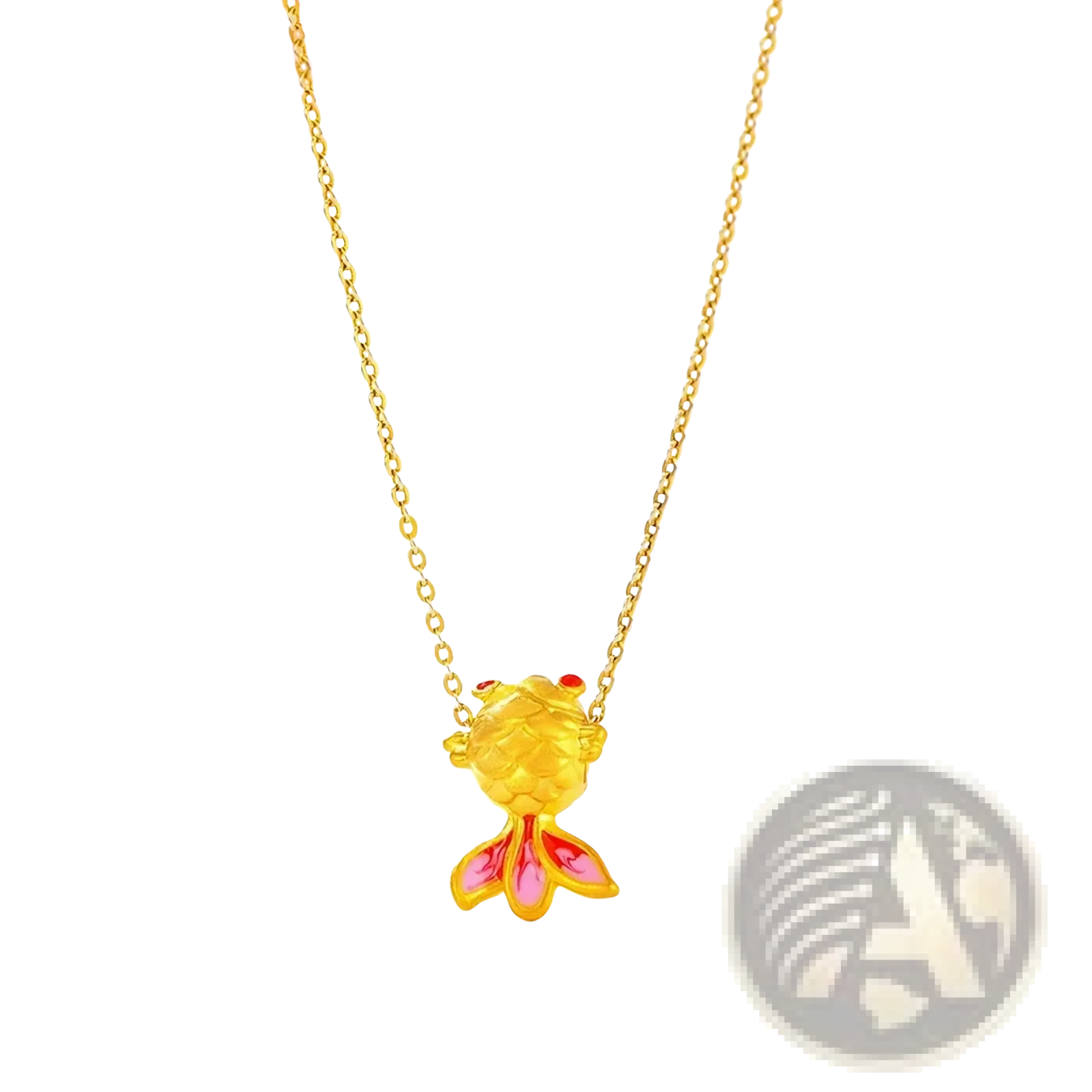 A delicate 24k gold fish pendant necklace with vibrant pink and red enamel accents on its fins