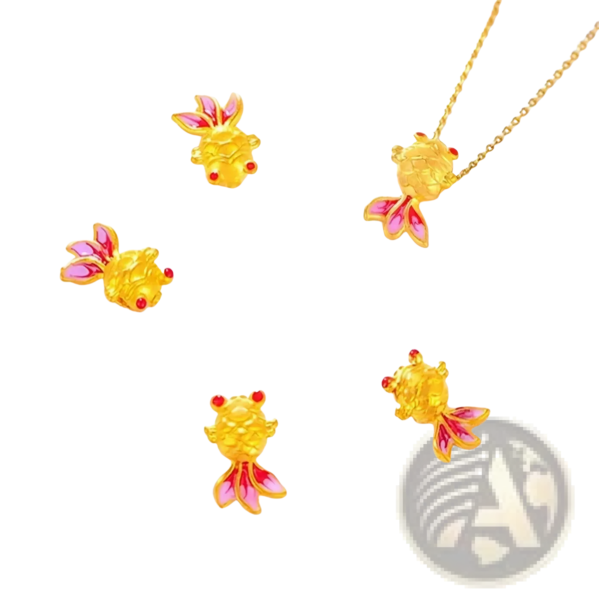 24k gold fish pendant necklace with pink and red enamel accents showcasing intricate enamel detailing