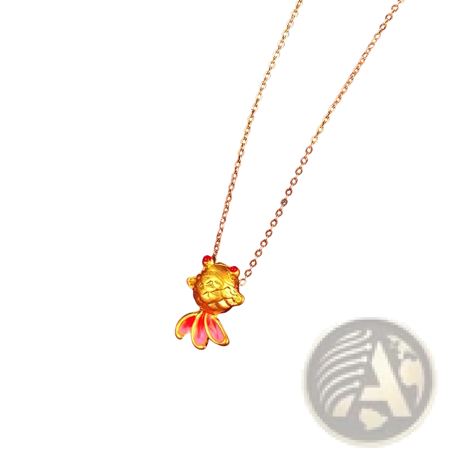 24k gold fish pendant necklace with pink enamel fins and red gemstone eyes in a fish shape