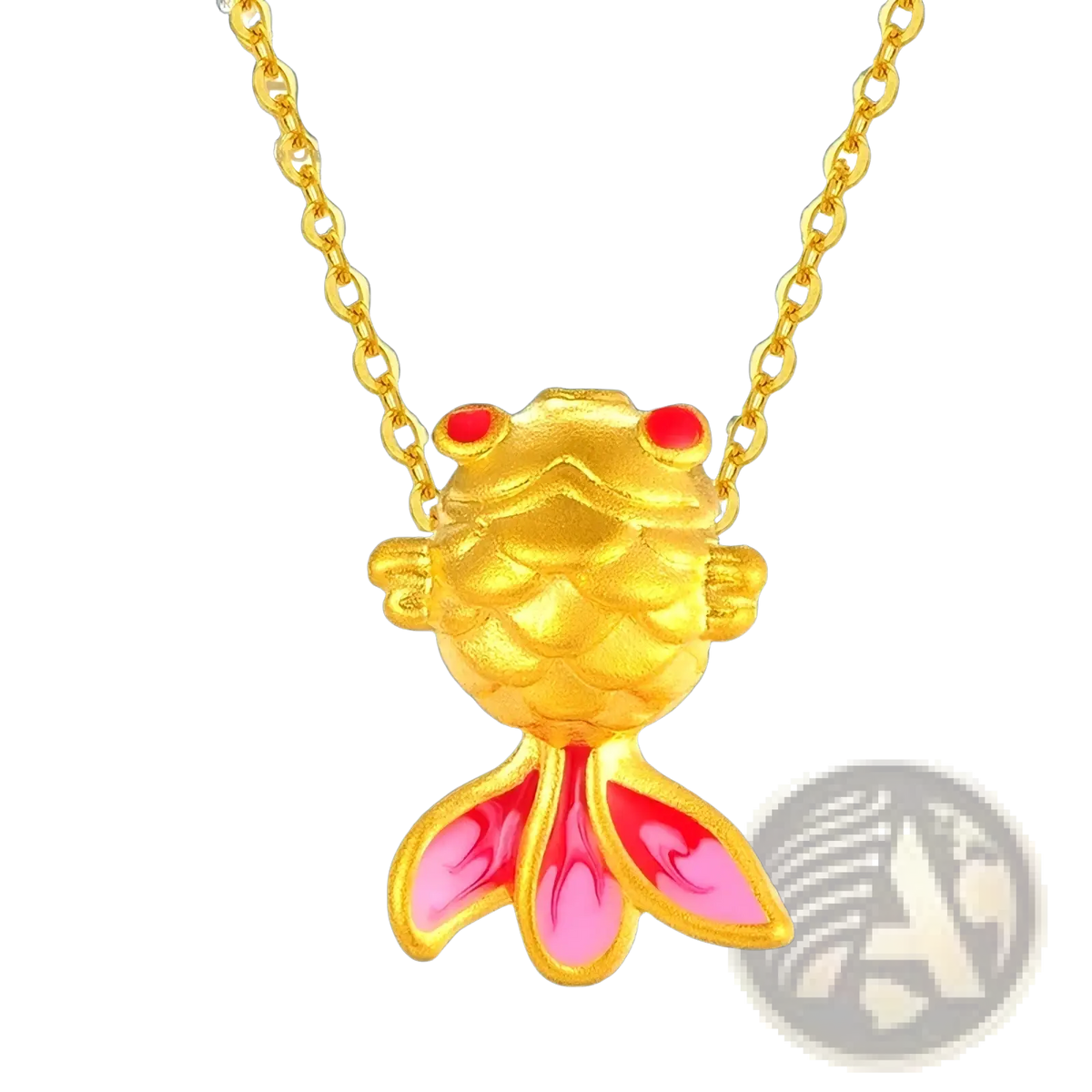 24k gold fish pendant necklace with enamel details red eyes pink-tinted fins on matching gold chain