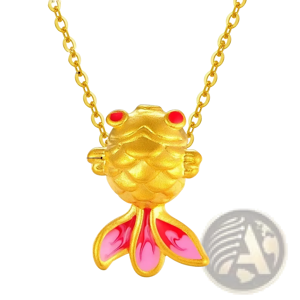 A 24k gold fish pendant necklace with red enamel eyes pink enamel fins crafted from 999 pure gold