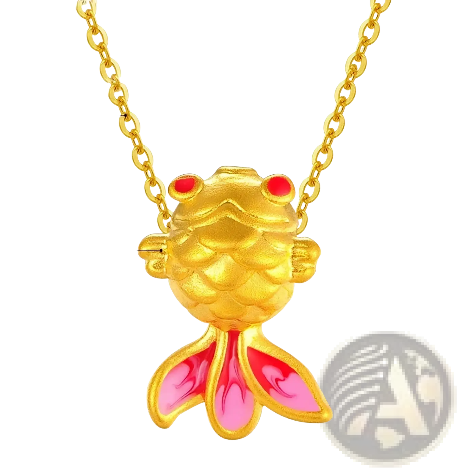 A 24k gold fish pendant necklace with red enamel eyes pink enamel fins crafted from 999 pure gold