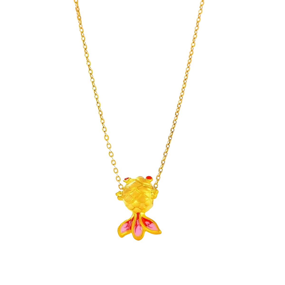 A delicate 24k gold fish pendant necklace with vibrant pink and red enamel accents on its fins