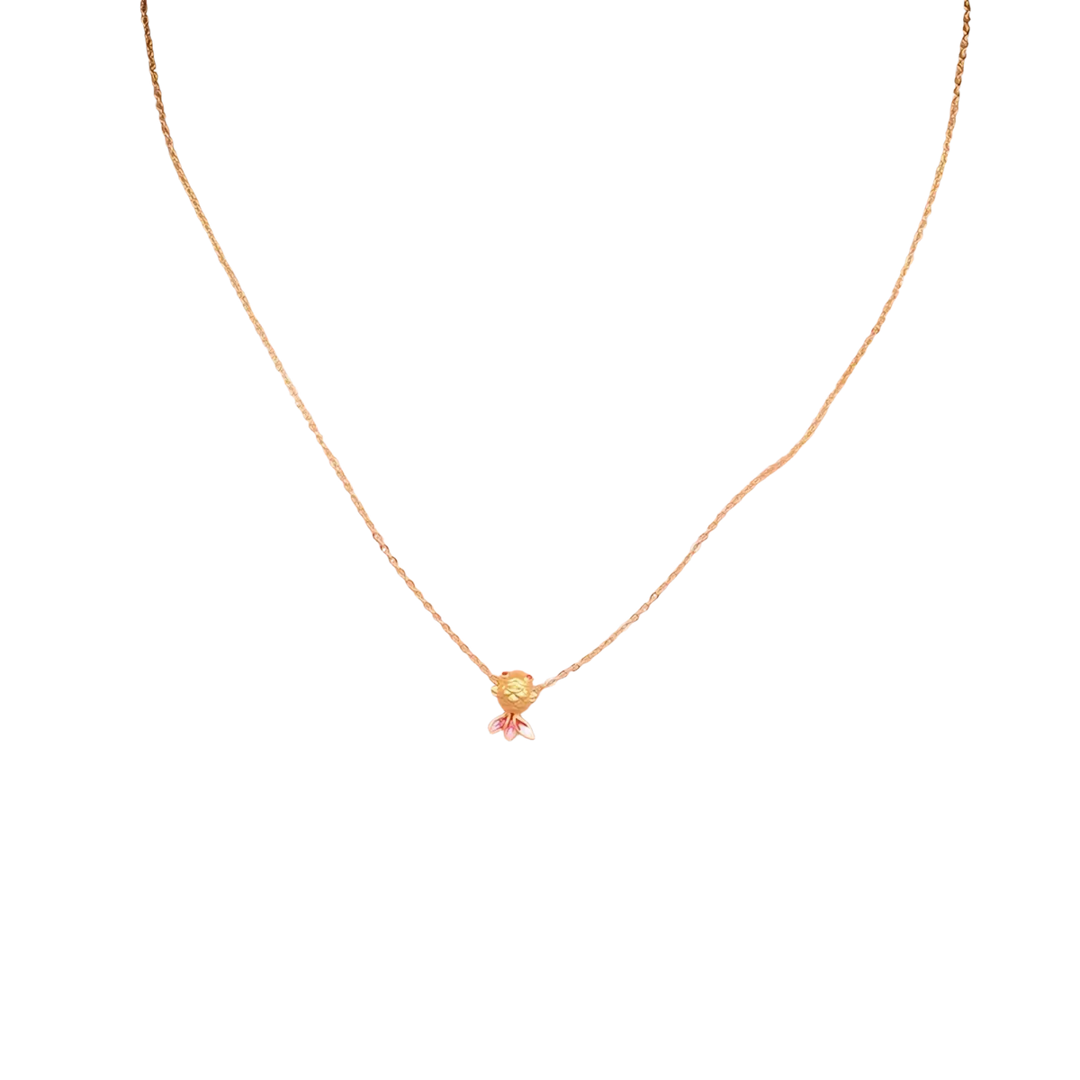 A 24k gold fish pendant necklace with a delicate chain and pink and yellow enamel details