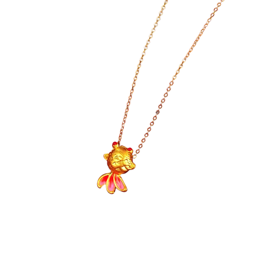 24k gold fish pendant necklace with pink enamel fins and red gemstone eyes in a fish shape