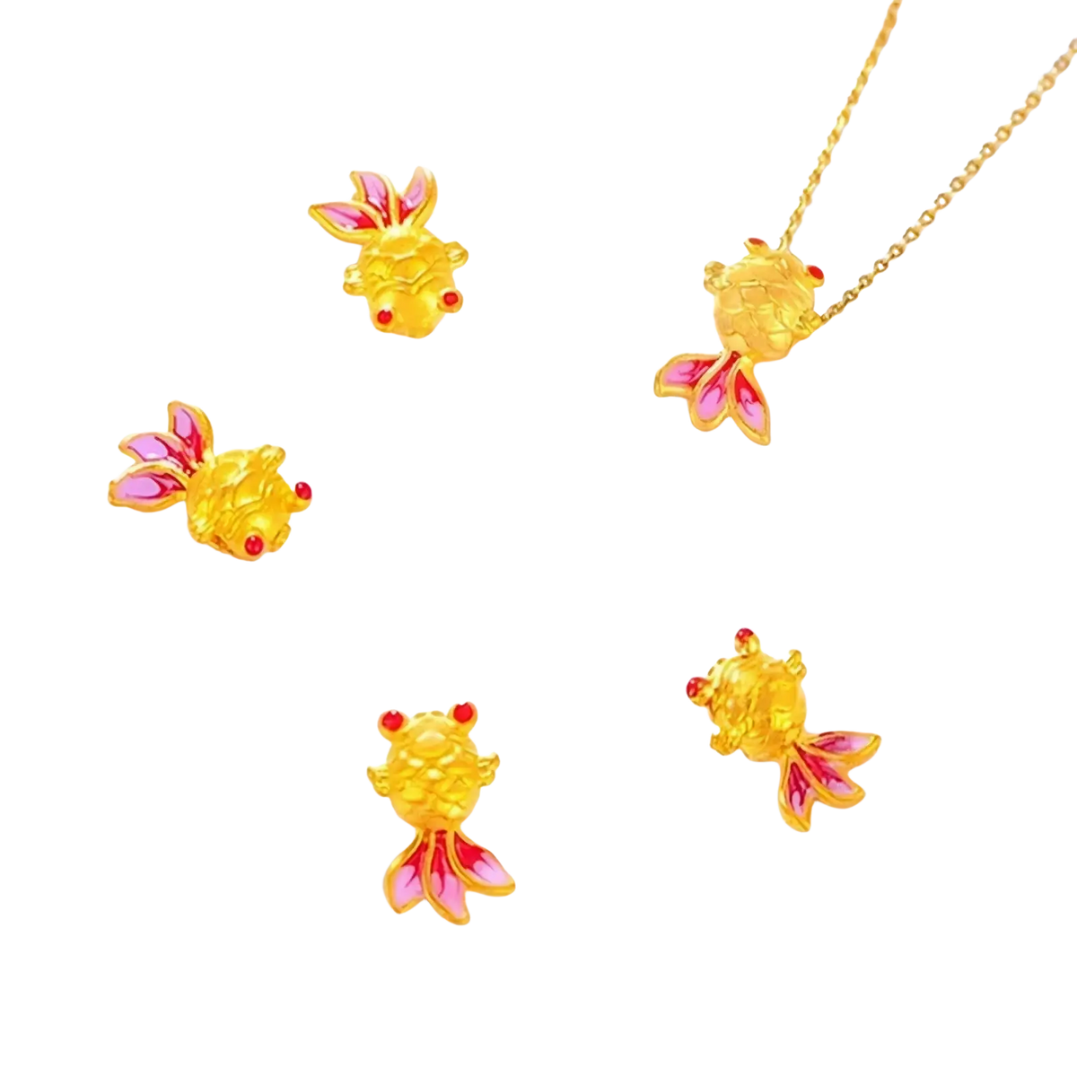24k gold fish pendant necklace with pink and red enamel accents showcasing intricate enamel detailing