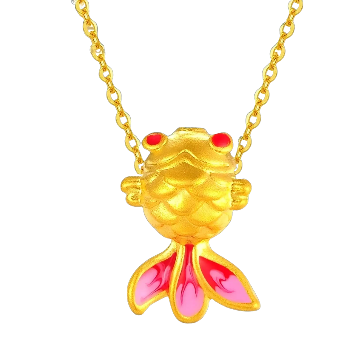 24k gold fish pendant necklace with enamel details red eyes pink-tinted fins on matching gold chain