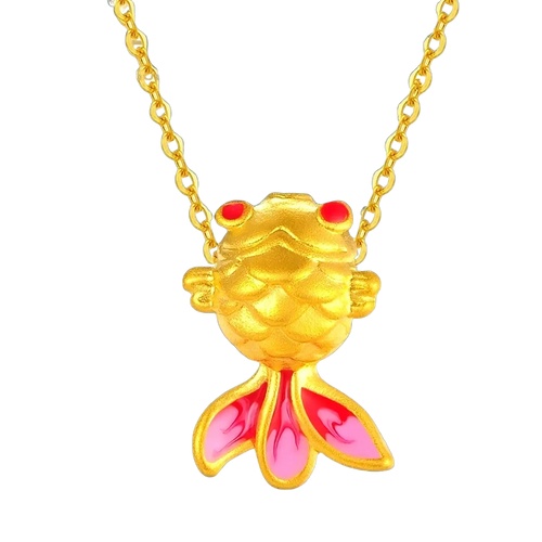 24k gold fish pendant necklace with enamel details red eyes pink-tinted fins on matching gold chain