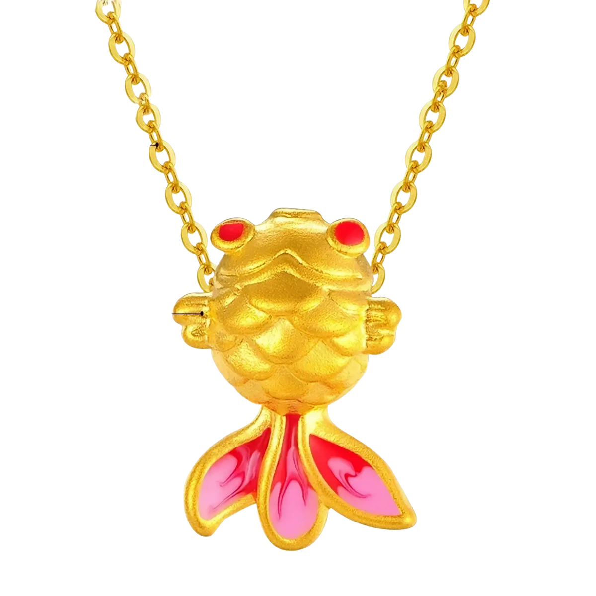 A 24k gold fish pendant necklace with red enamel eyes pink enamel fins crafted from 999 pure gold