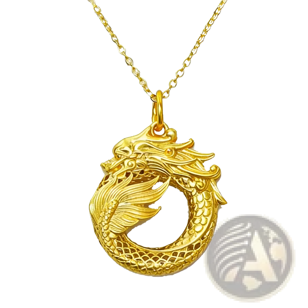 24k gold ouroboros dragon infinity pendant necklace with intricate scales and flowing mane on a delicate chain
