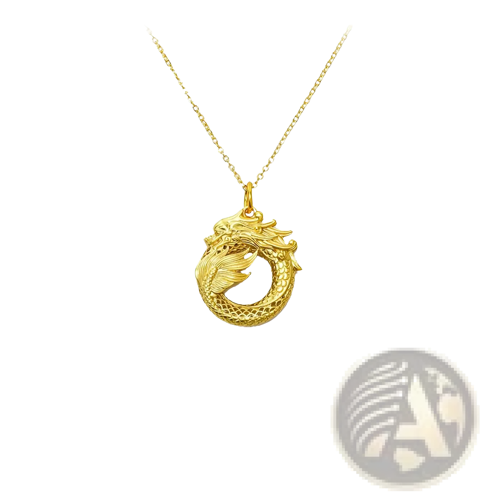 Gold 24k ouroboros dragon infinity pendant necklace with intricate detailing and circular design