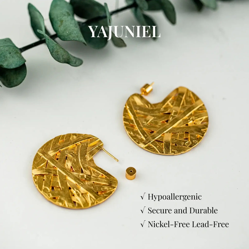 24k gold plated abstract drop earrings featuring gold-colored intricately textured leaf shapes with woven patterns and secure post-backs