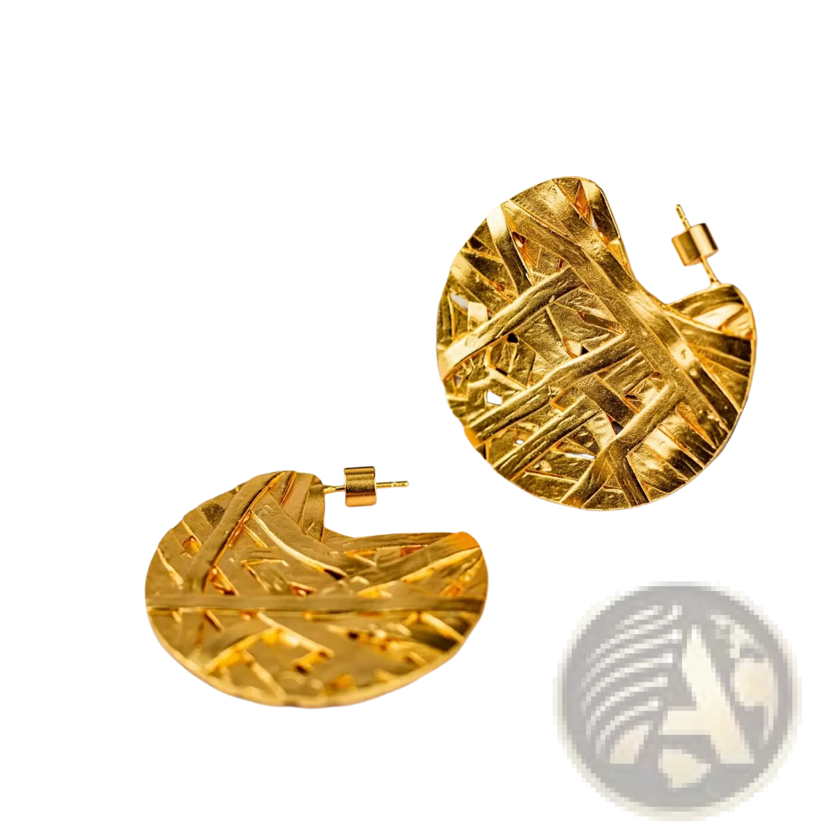 24k gold plated abstract drop earrings with gold-colored, intricately textured leaf-shaped metallic hoops