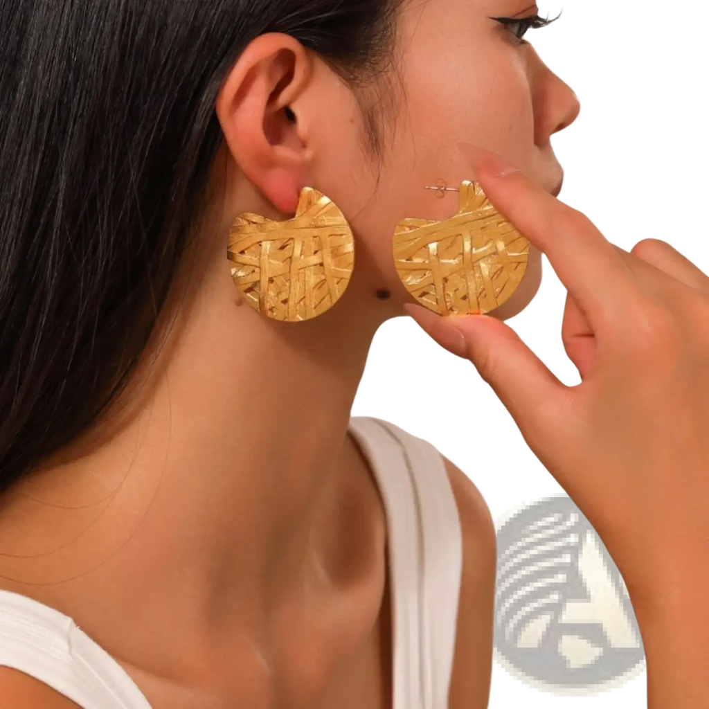 24k gold plated abstract drop earrings featuring gold-colored woven-textured circular chunky design