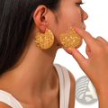 24k gold plated abstract drop earrings featuring gold-colored woven-textured circular chunky design