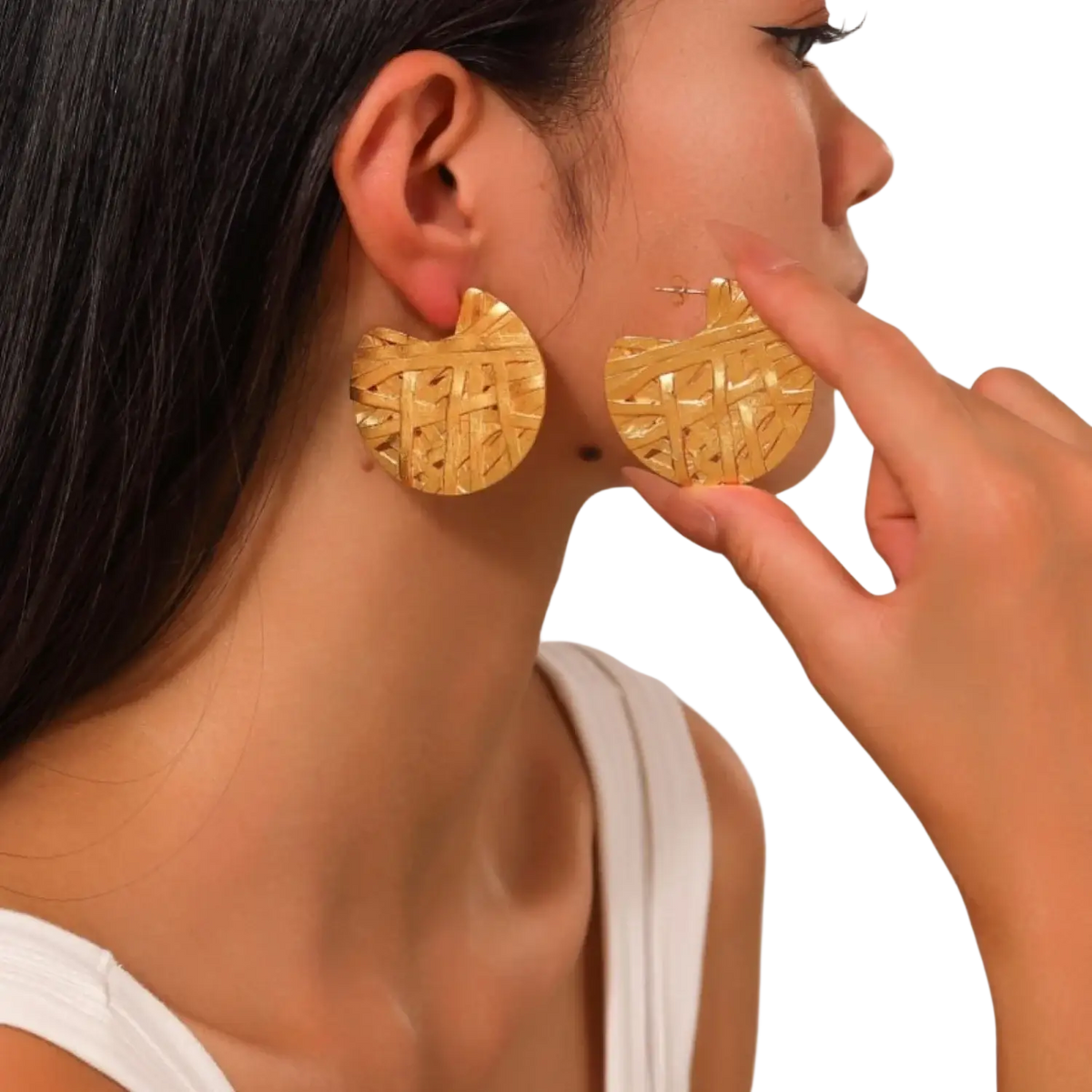 24k gold plated abstract drop earrings featuring gold-colored woven-textured circular chunky design