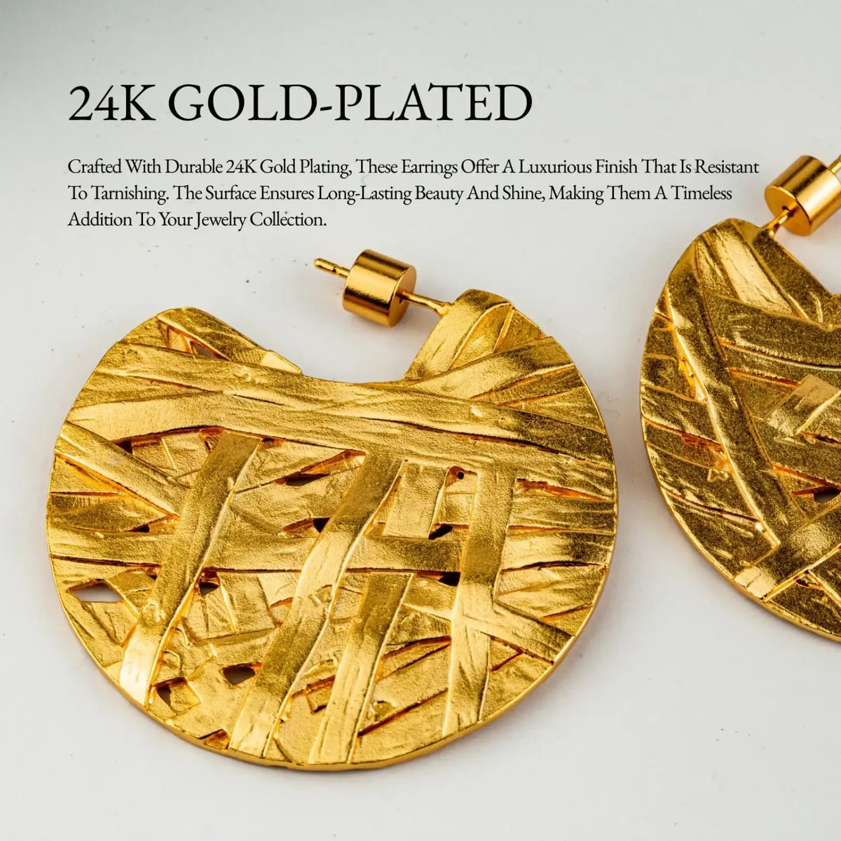 24k gold plated abstract drop earrings featuring textured woven 24k gold plated hoop earrings with shiny finish