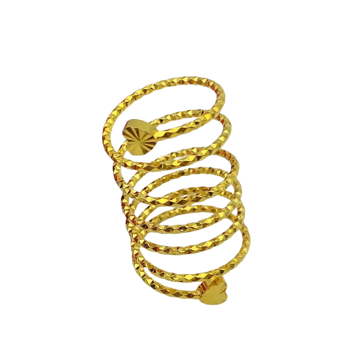 24k gold plated dubai jewelry spiral ring for women with textured diamond cut finish and heart shaped clasps