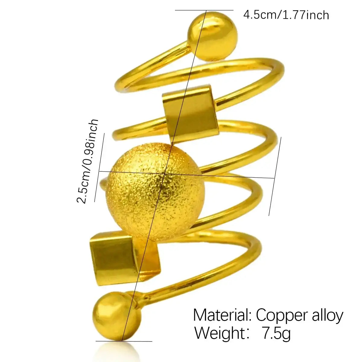 24k gold plated dubai jewelry spiral ring for women with textured sphere and polished cube accents in copper alloy