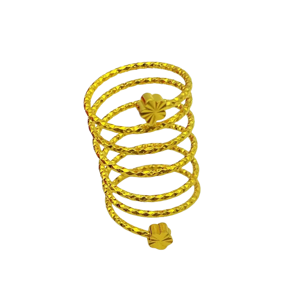 24k gold plated dubai jewelry spiral ring with textured diamond cut bands and small clover shaped charms