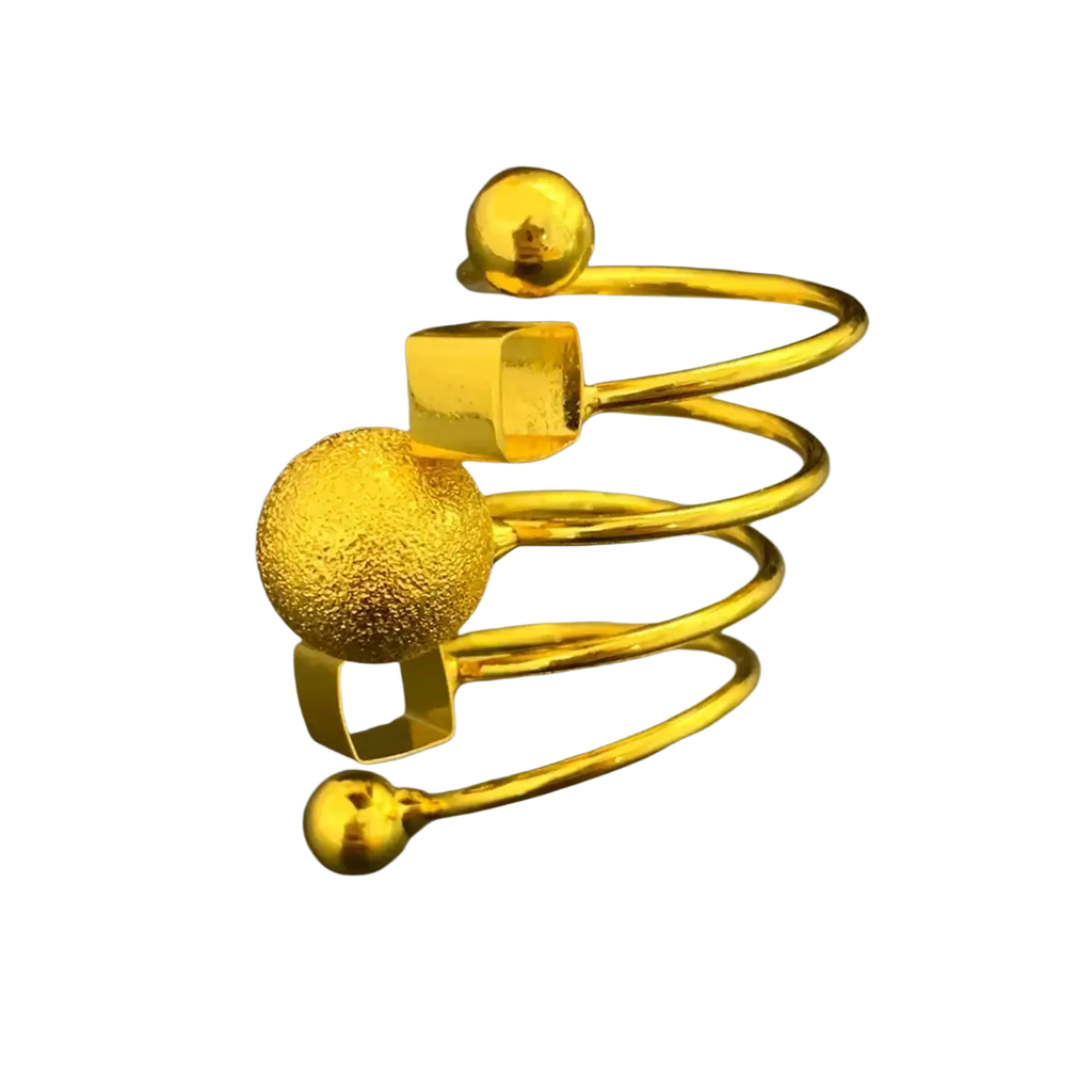 24k gold plated dubai spiral ring for women with textured and polished beads and square accents in a sleek metallic finish