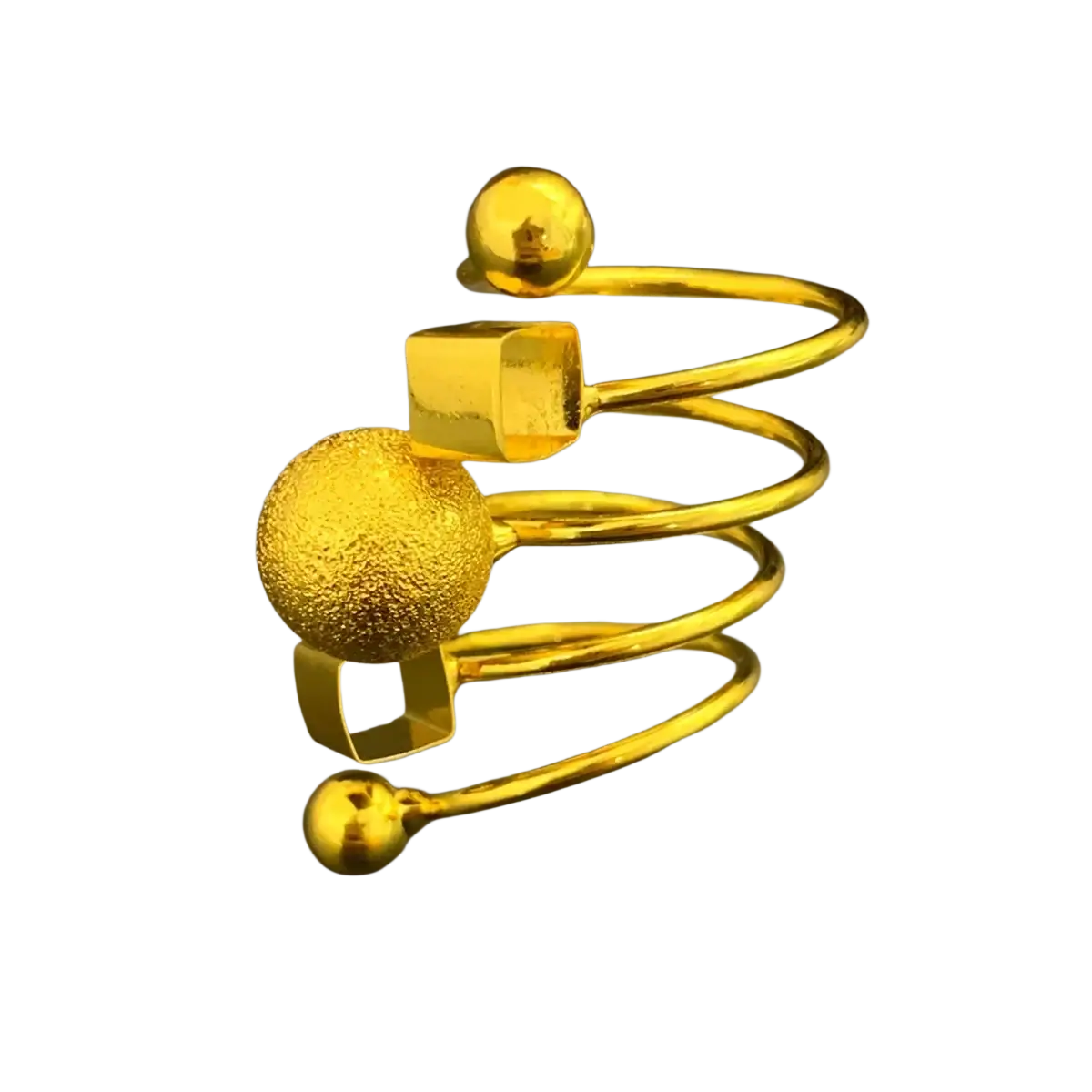 24k gold plated dubai spiral ring for women with textured and polished beads and square accents in a sleek metallic finish