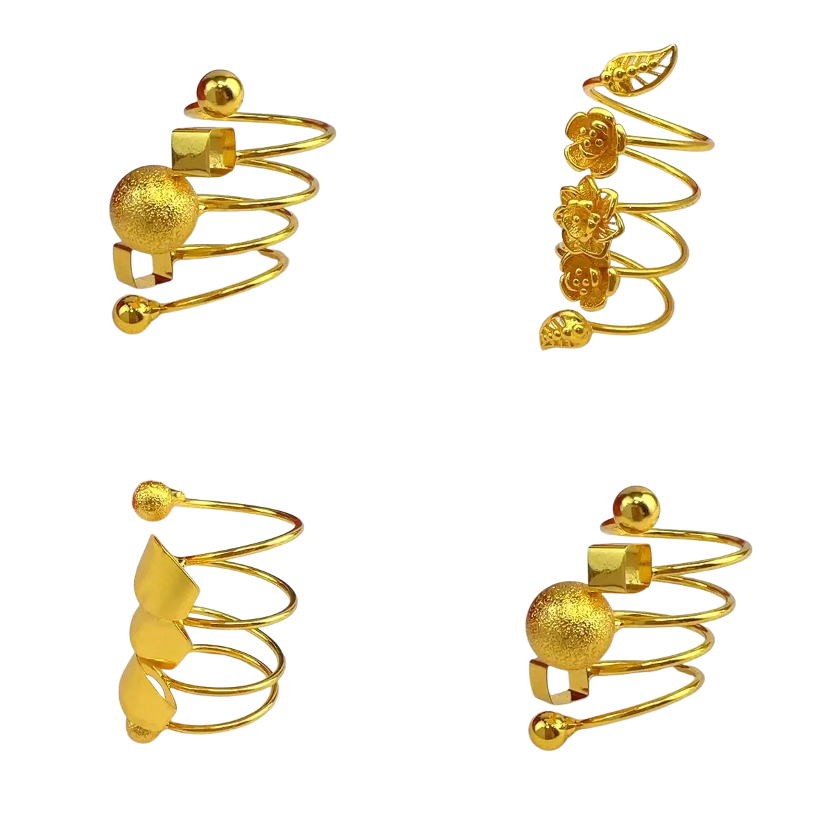 24k gold plated dubai jewelry spiral ring for women featuring textured spheres geometric shapes and floral charms