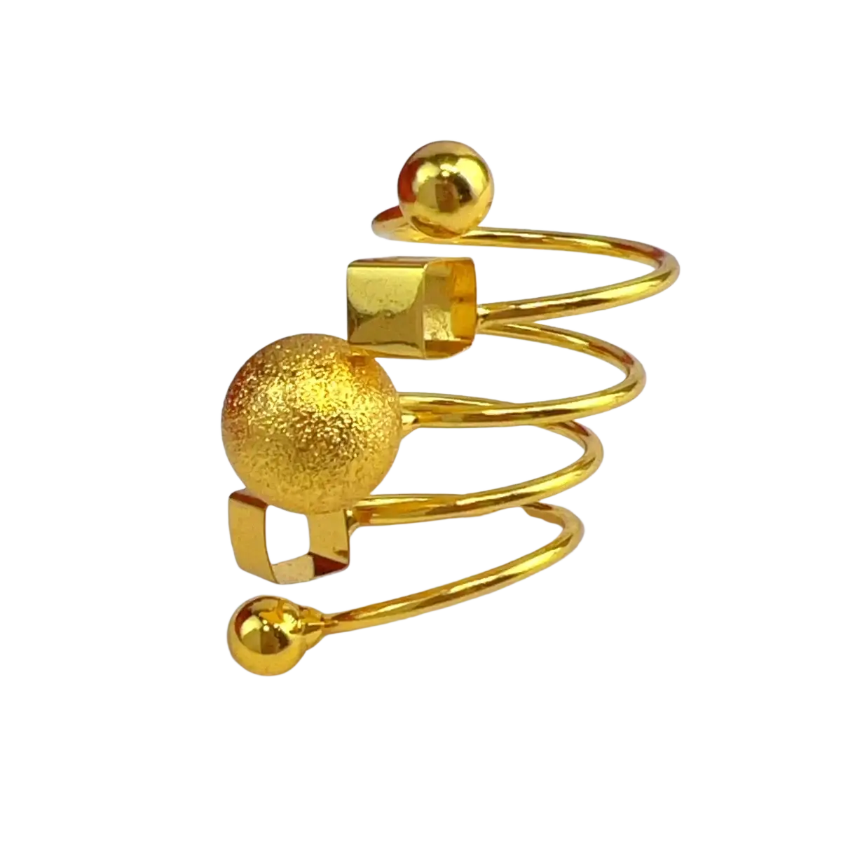 24k gold plated dubai jewelry spiral ring for women with textured sphere polished cubes and spherical accents