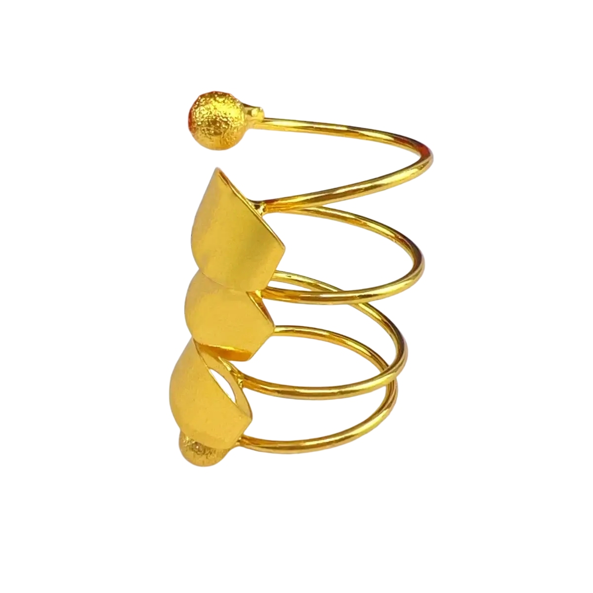 24k gold plated dubai jewelry spiral cuff bracelet with textured spherical ends and layered leaf-shaped accents