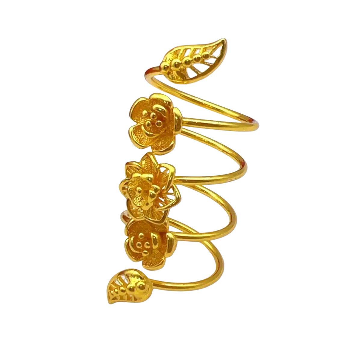 24k gold plated dubai jewelry spiral ring for women featuring a golden spiral hair accessory with floral and leaf motifs
