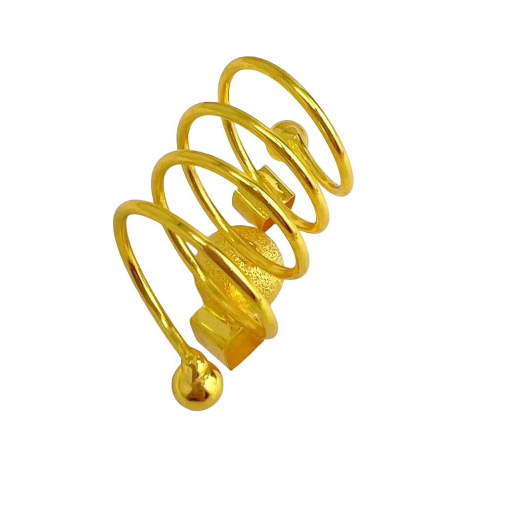 24k gold plated dubai jewelry spiral ring for women featuring a textured sphere and geometric accents