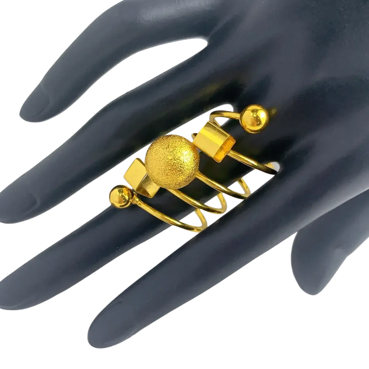 24k gold plated dubai jewelry spiral ring set with textured sphere square facets and spherical accents on interlocking bands