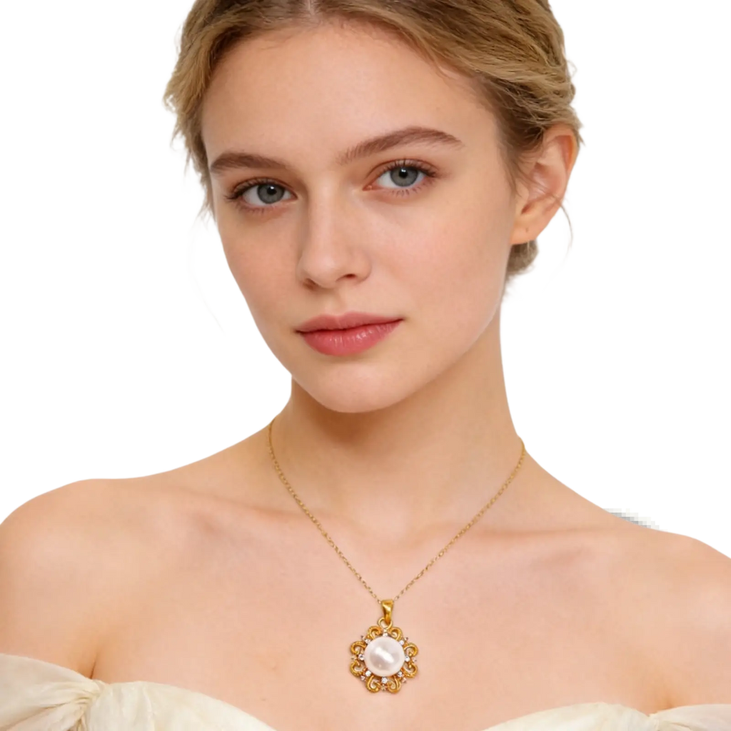 24k gold sun and pearl floral pendant necklace with a central pearl and intricate floral detailing in gold