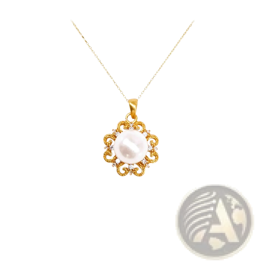 A 24k gold floral pendant necklace with a central white pearl and small sparkling stones in an ornate setting