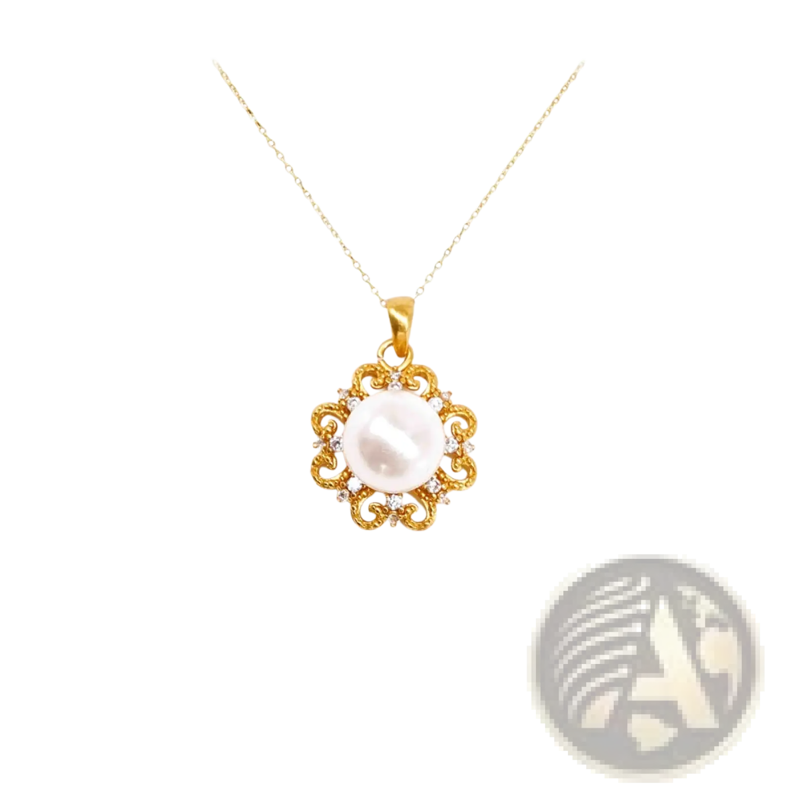 A 24k gold floral pendant necklace with a central white pearl and small sparkling stones in an ornate setting