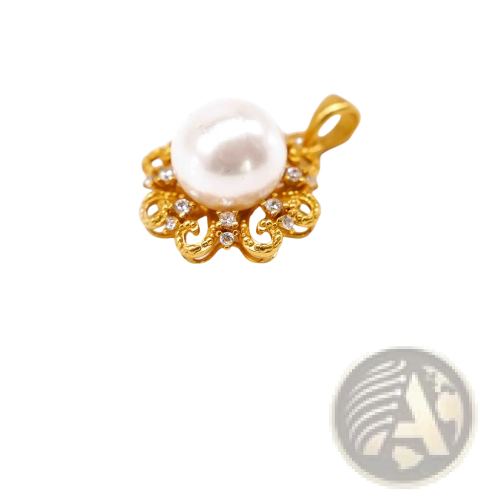 A 24k gold floral pendant necklace featuring a lustrous white pearl set in an ornate gold filigree frame with crystals