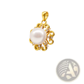 A 24k gold sun and pearl floral pendant necklace with a lustrous white pearl and ornate gold filigree frame adorned with clear gemstones