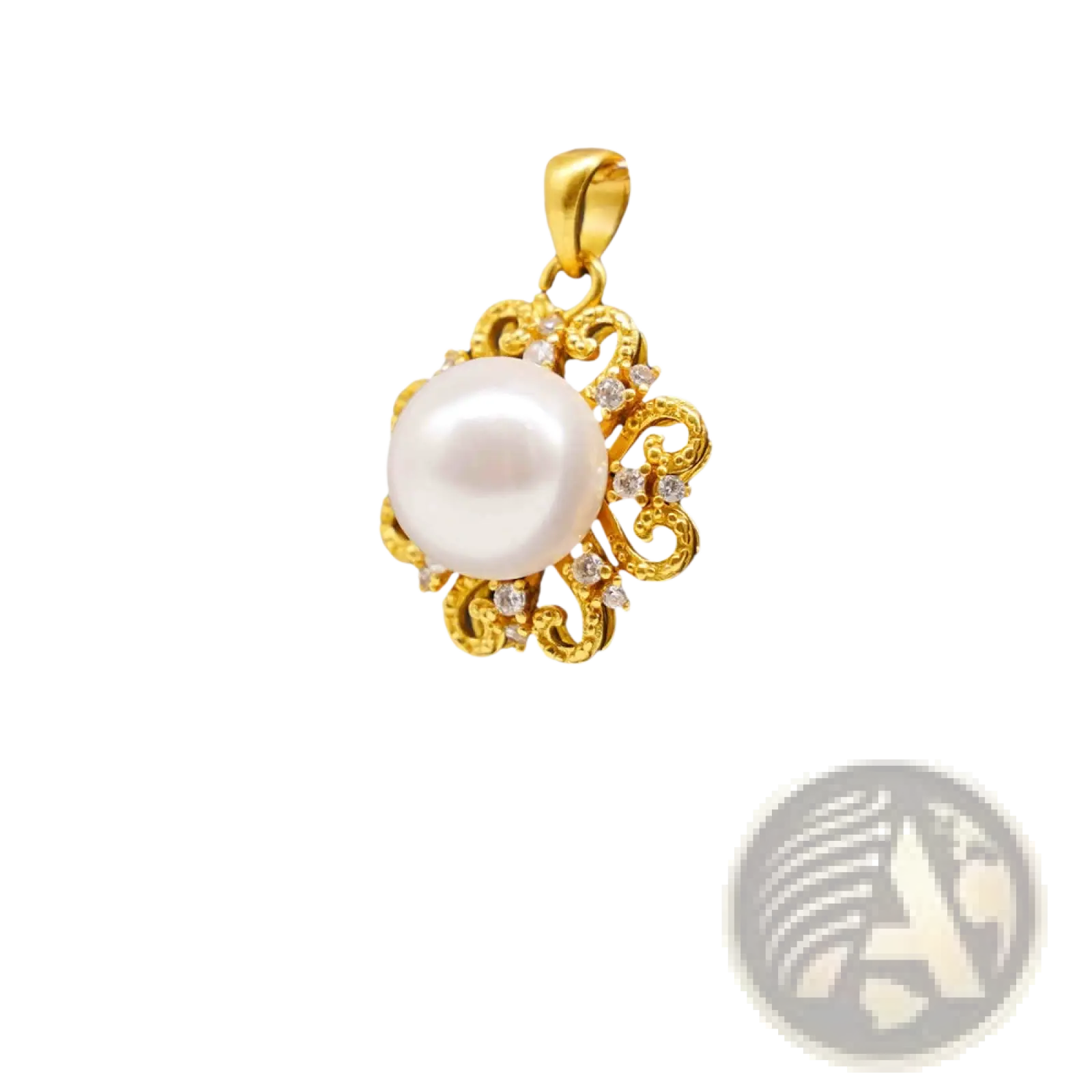 A 24k gold sun and pearl floral pendant necklace with a lustrous white pearl and ornate gold filigree frame adorned with clear gemstones