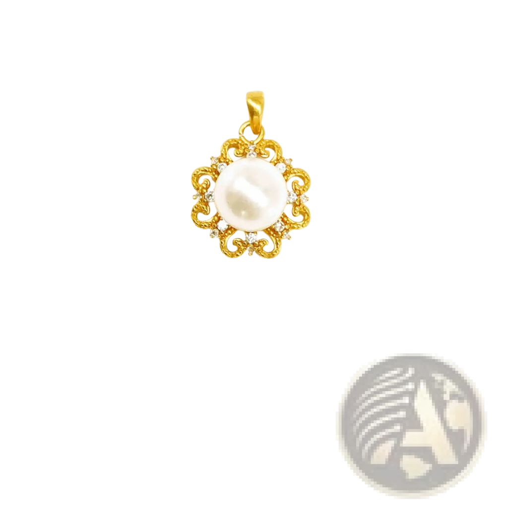 24k gold sun and pearl floral pendant necklace with ornate gold-toned filigree, central white pearl, and clear crystals