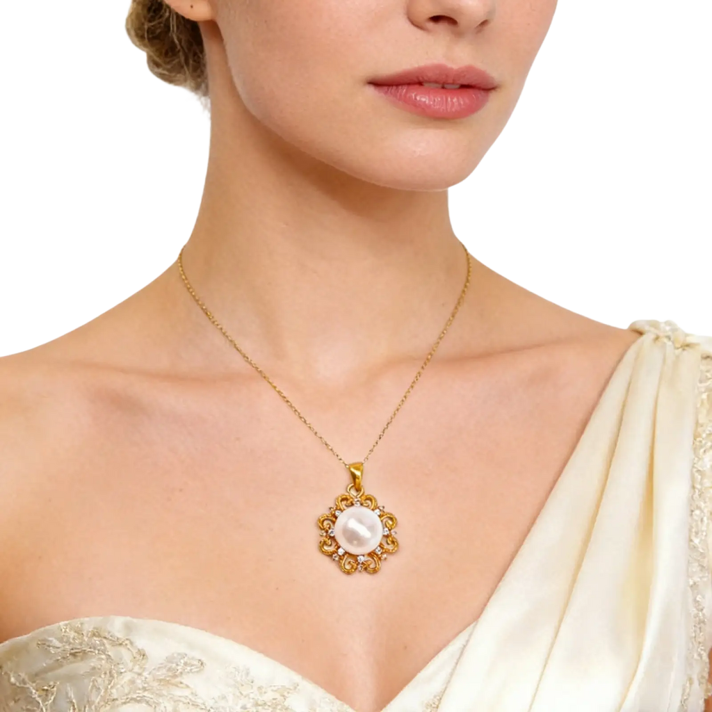 A 24k gold sun and pearl floral pendant necklace with a central pearl encased in a diamond-adorned flower setting