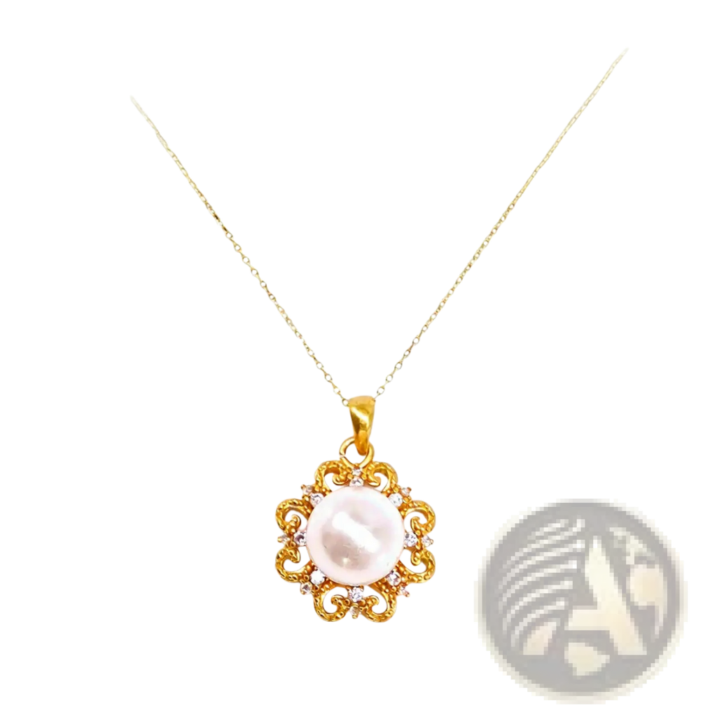 A 24k gold sun and pearl floral pendant necklace with a central white pearl and small sparkling diamonds