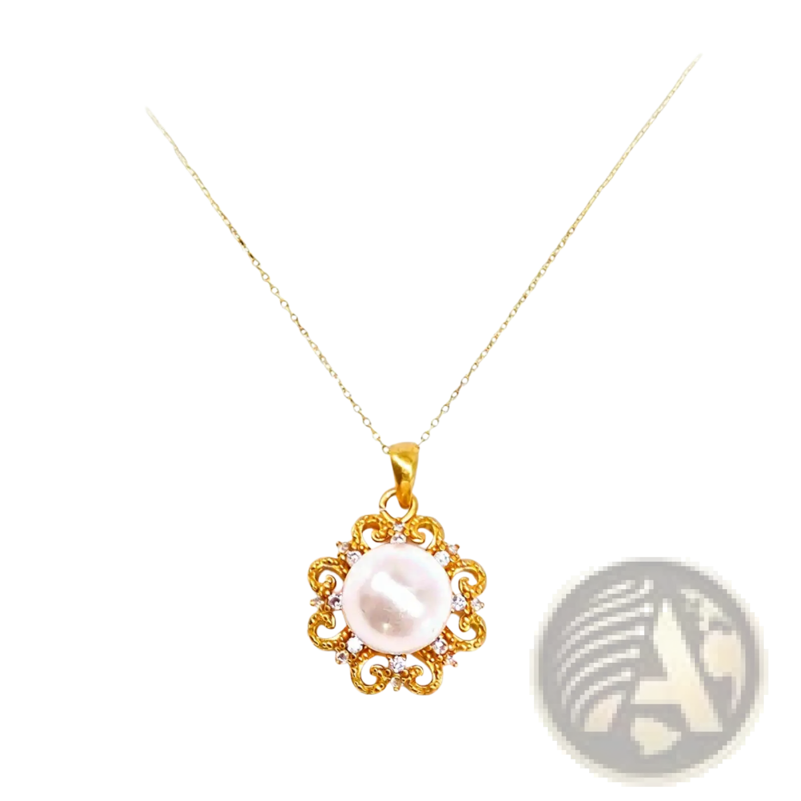 A 24k gold sun and pearl floral pendant necklace with a central white pearl and small sparkling diamonds