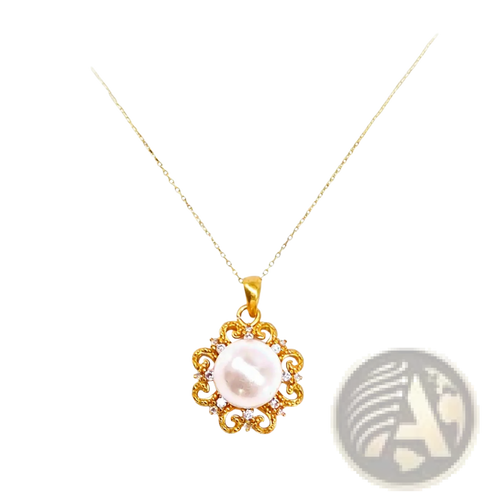 A 24k gold sun and pearl floral pendant necklace with a central white pearl and small sparkling diamonds